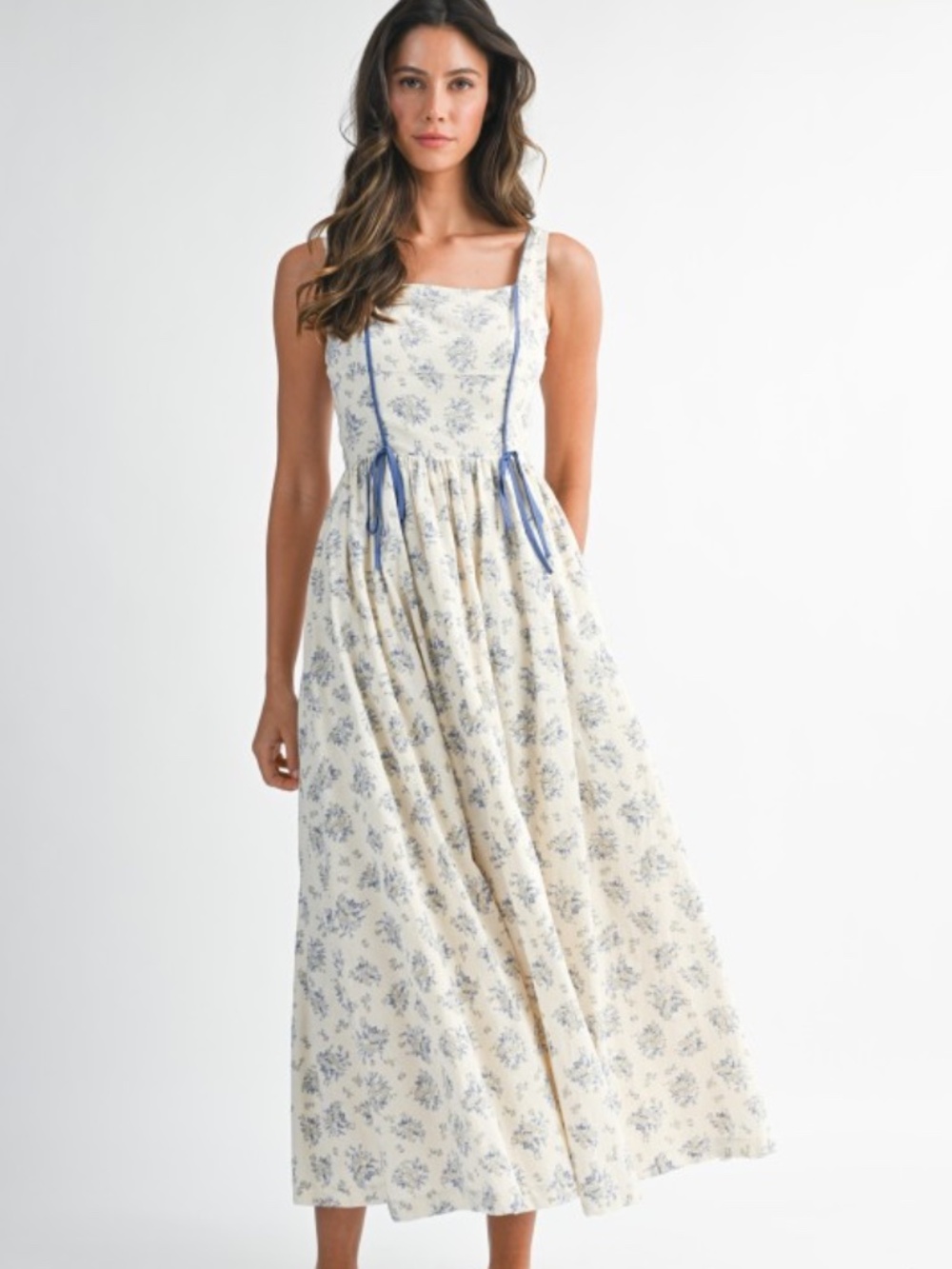 Floral Print Square Neck Contrast Pipinig Dress - Picture 2 of 16